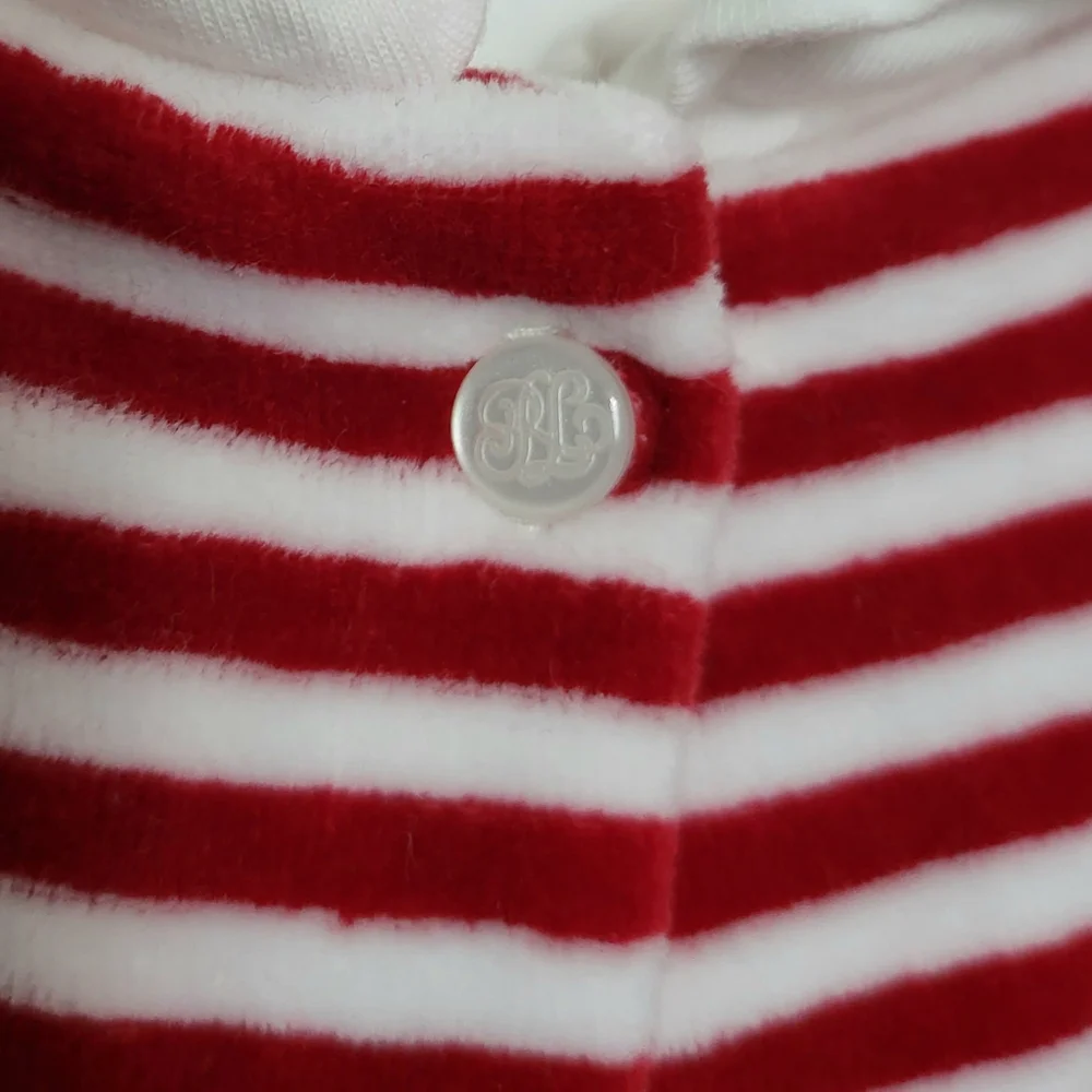 Ralph Lauren Girls Red & White Striped Velour Ruffled Neck Footed One Piece 6 Mo